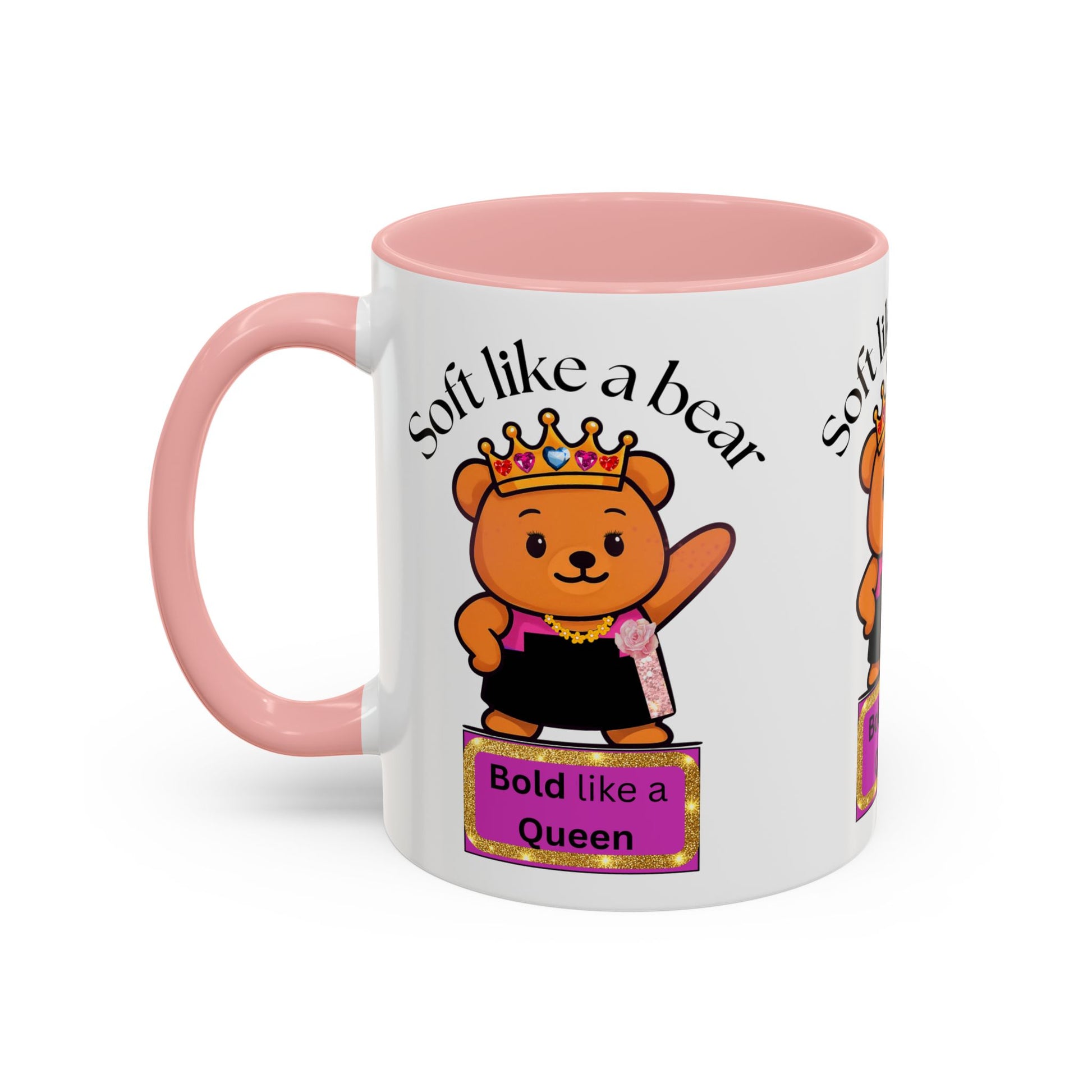 Mug with a bear illustration and text on a white background