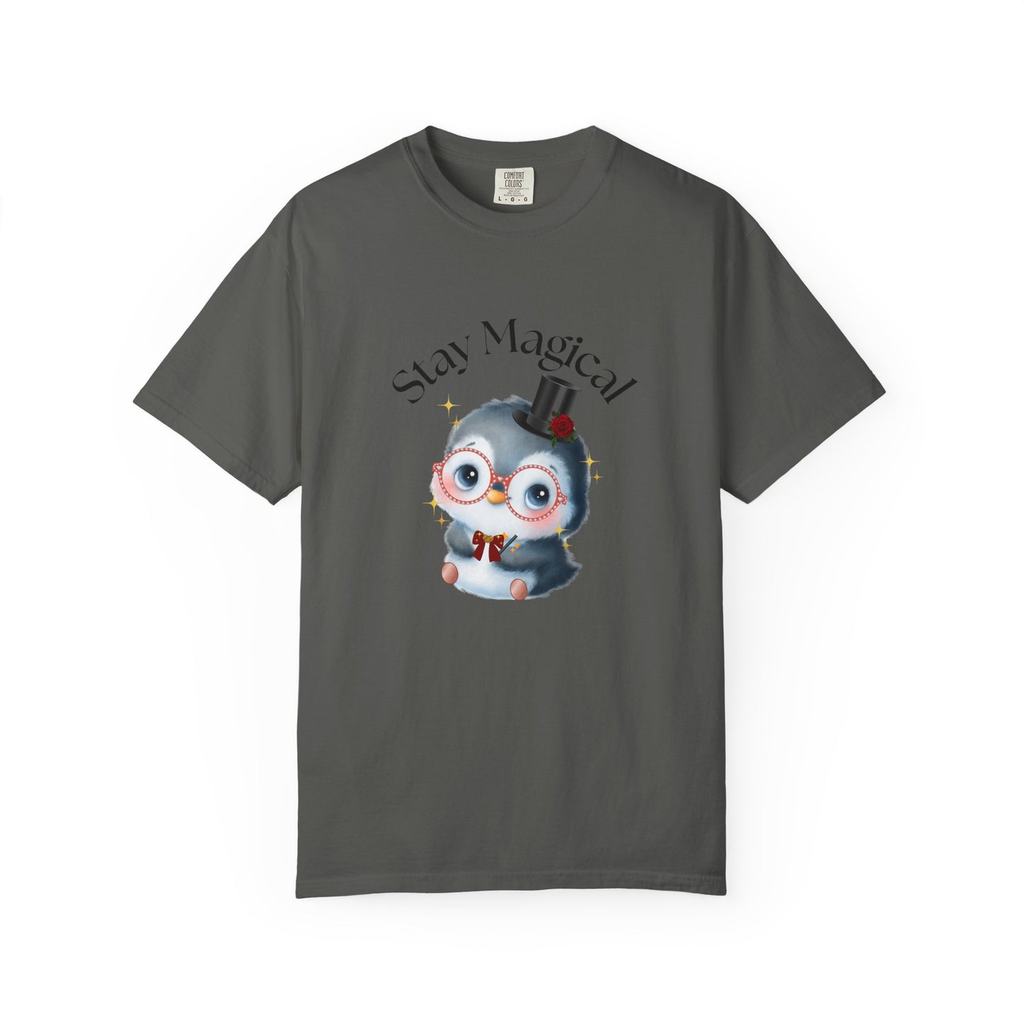 Gray t-shirt with a cartoon penguin wearing a top hat and bow tie, and the text 'Stay Magical' on a white background.